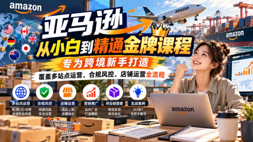 亚马逊从小白到精通金牌课程，专为跨境新手打造，覆盖多站点运营、合规风控、店铺运营全流程-知行阁轻创网-分享网络赚钱项目-全网首发副业项目实操平台-副业创业项目网