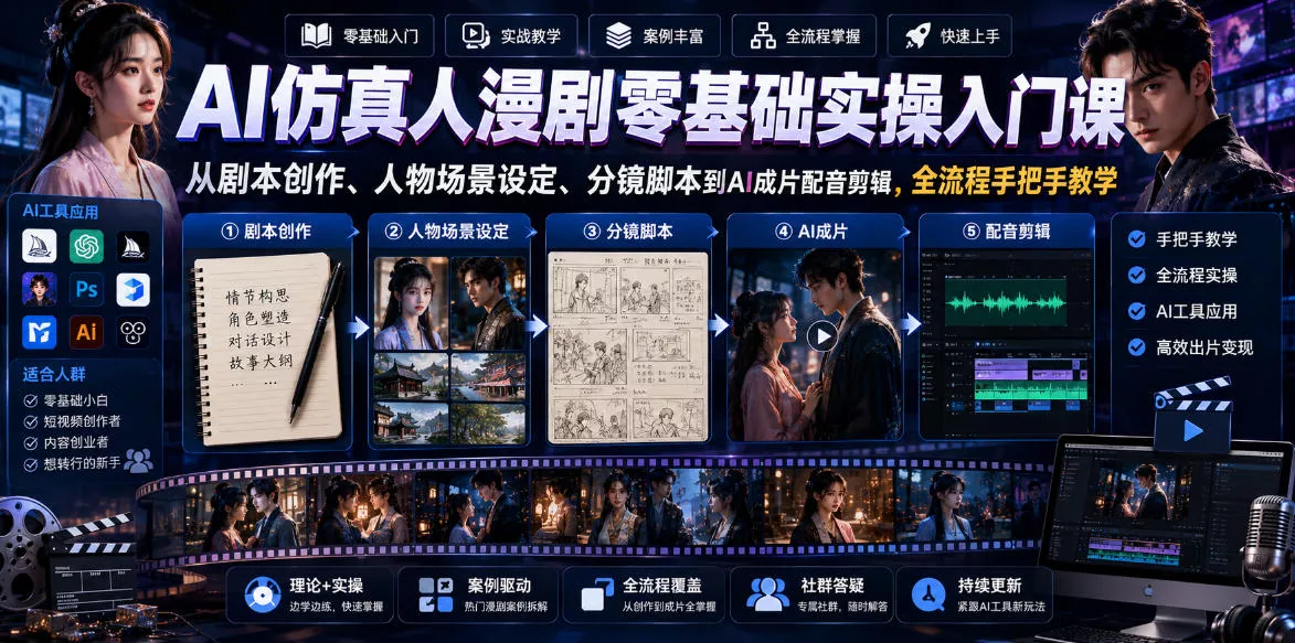 AI仿真人漫剧零基础实操入门课，从剧本创作、人物场景设定、分镜脚本到AI成片配音剪辑，全流程手把手教学-知行阁轻创网-分享网络赚钱项目-全网首发副业项目实操平台-副业创业项目网