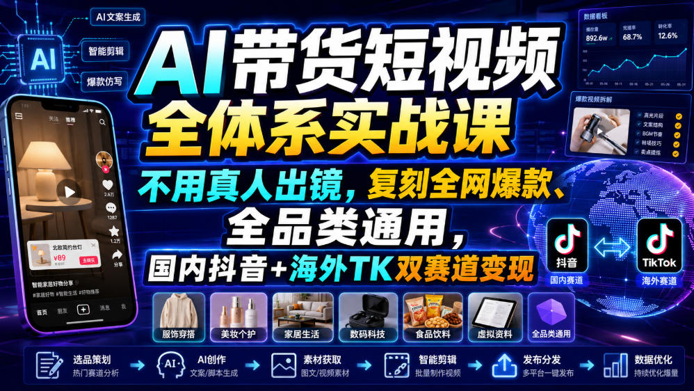 AI带货短视频全体系实战课，不用真人出镜，复刻全网爆款、全品类通用，国内抖音+海外TK双赛道变现-知行阁轻创网-分享网络赚钱项目-全网首发副业项目实操平台-副业创业项目网