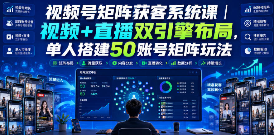 视频号矩阵获客系统课|视频+直播双引擎布局,单人搭建50账号矩阵玩法,流量入池、搜索占位、全域引流沉淀私域全流程教学-知行阁轻创网-分享网络赚钱项目-全网首发副业项目实操平台-副业创业项目网