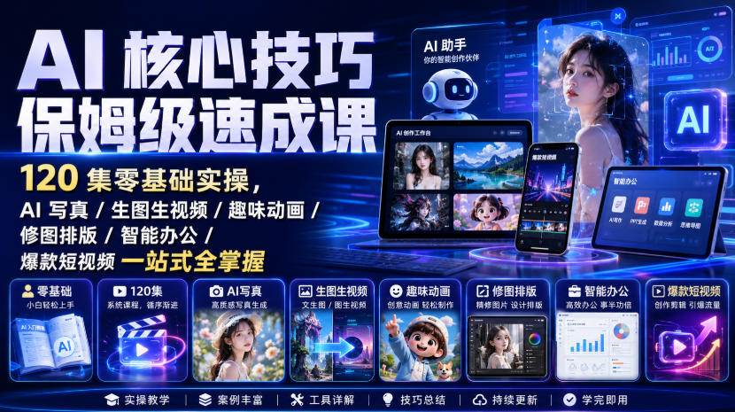 AI核心技巧保姆级速成课｜120集零基础实操，AI写真/生图生视频/趣味动画/修图排版/智能办公/爆款短视频一站式全掌握-知行阁轻创网-分享网络赚钱项目-全网首发副业项目实操平台-副业创业项目网