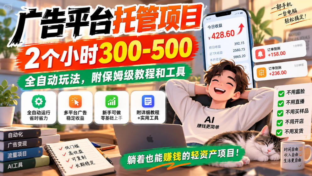 广告平台托管项目，2个小时300-500，全自动玩法，附保姆级教程和工具，小白照着就能做【揭秘】-知行阁轻创网-分享网络赚钱项目-全网首发副业项目实操平台-副业创业项目网