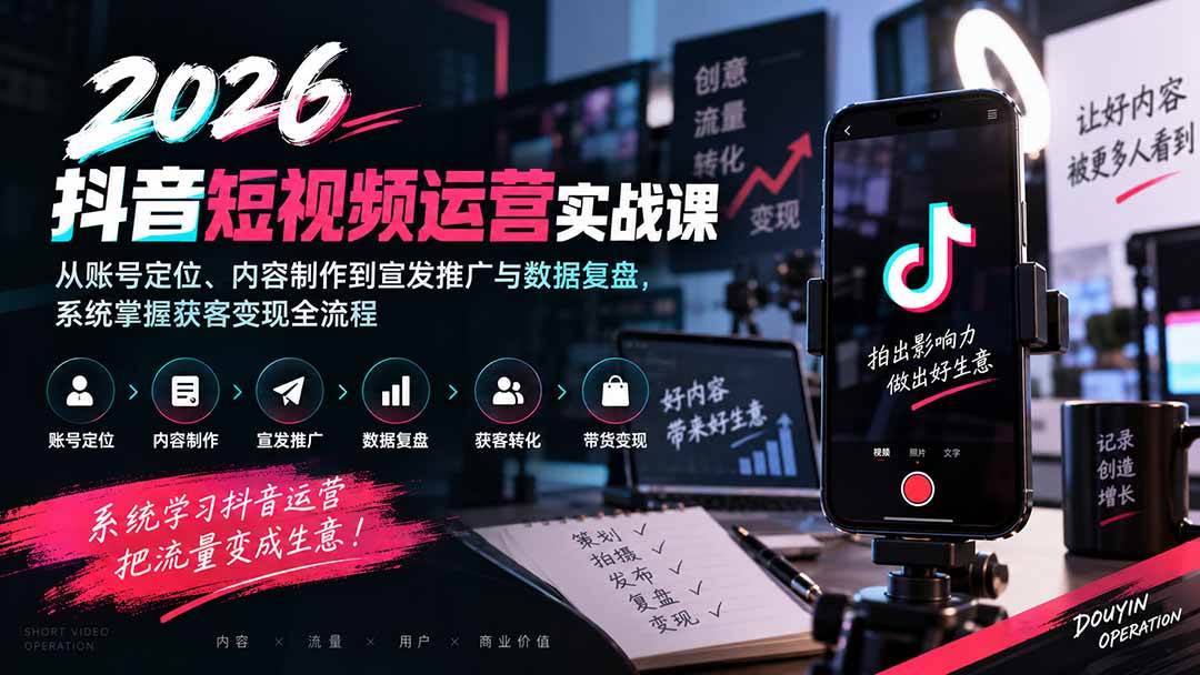 （20406期）2026抖音短视频运营实战课：从账号定位、内容制作到宣发推广与数据复盘，系统掌握获客变现全流程-知行阁轻创网-分享网络赚钱项目-全网首发副业项目实操平台-副业创业项目网