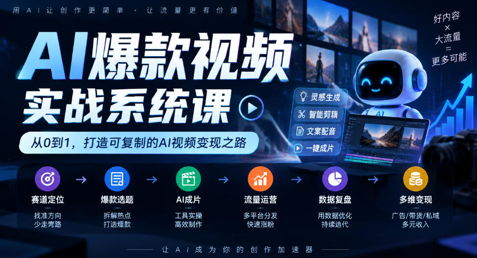 AI爆款视频实战系统课｜赛道定位、爆款选题、AI成片、流量运营、数据复盘、多维变现全链路教学-知行阁轻创网-分享网络赚钱项目-全网首发副业项目实操平台-副业创业项目网