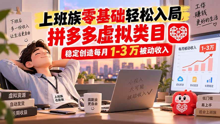 （20250期）上班族零基础轻松入局，拼多多虚拟类目，稳定创造每月 1-3 万被动收入-知行阁轻创网-分享网络赚钱项目-全网首发副业项目实操平台-副业创业项目网