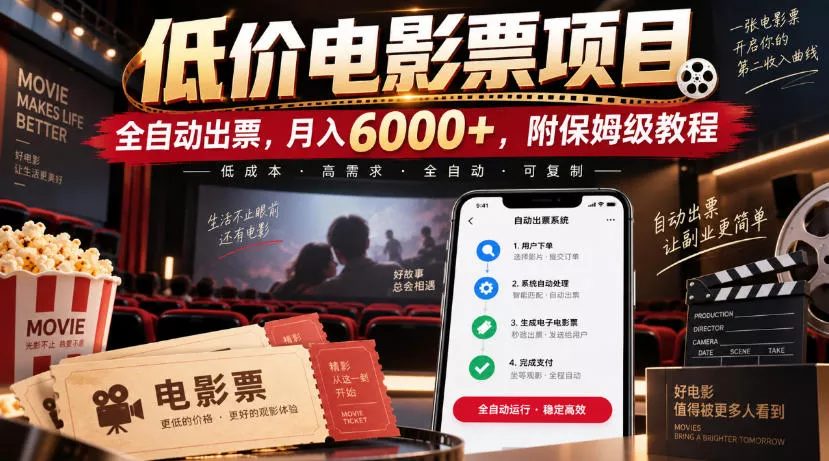 低价电影票项目，全自动出票，月入6000+，附保姆级教程【揭秘】-知行阁轻创网-分享网络赚钱项目-全网首发副业项目实操平台-副业创业项目网