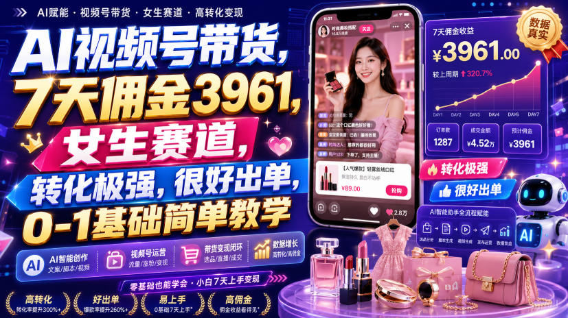 AI视频号带货，7天佣金3961，女生赛道，转化极强，很好出单，0-1基础简单教学-知行阁轻创网-分享网络赚钱项目-全网首发副业项目实操平台-副业创业项目网