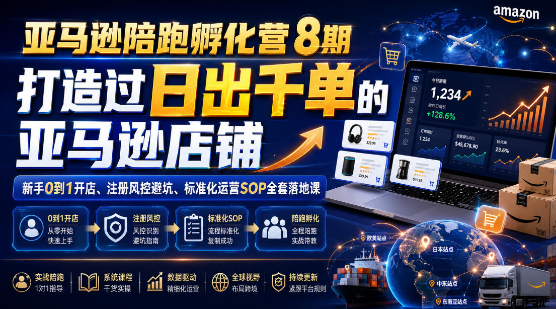 亚马逊陪跑孵化营8期，打造过日出千单的亚马逊店铺，新手0到1开店、注册风控避坑、标准化运营SOP全套落地课-知行阁轻创网-分享网络赚钱项目-全网首发副业项目实操平台-副业创业项目网