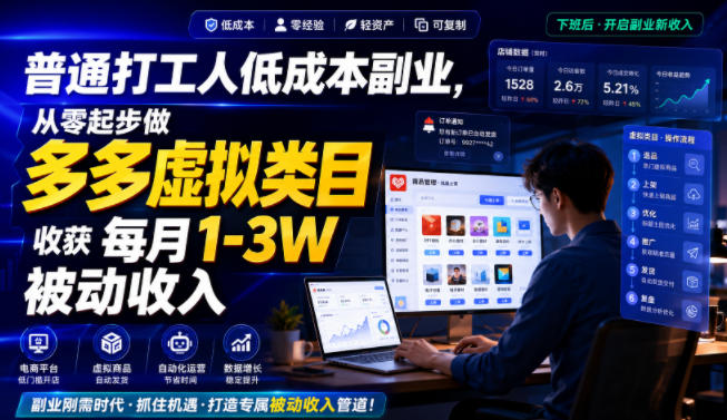 普通打工人低成本副业，从零起步做多多虚拟类目，收获每月1-3W被动收入【揭秘】-知行阁轻创网-分享网络赚钱项目-全网首发副业项目实操平台-副业创业项目网