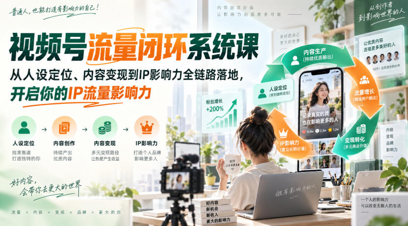 视频号流量闭环系统课，从人设定位、内容变现到IP影响力全链路落地，开启你的IP流量影响力-知行阁轻创网-分享网络赚钱项目-全网首发副业项目实操平台-副业创业项目网
