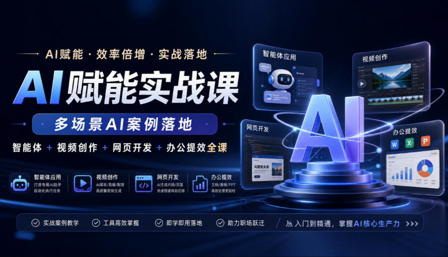 AI赋能实战课，多场景AI案例落地，智能体+视频创作+网页开发+办公提效全课-知行阁轻创网-分享网络赚钱项目-全网首发副业项目实操平台-副业创业项目网