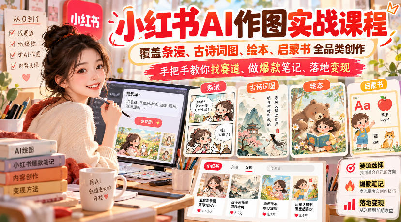 小红书AI作图实战课程，覆盖条漫、古诗词图、绘本、启蒙书全品类创作，手把手教你找赛道、做爆款笔记、落地变现-知行阁轻创网-分享网络赚钱项目-全网首发副业项目实操平台-副业创业项目网