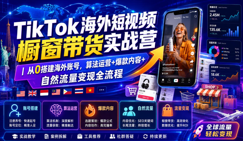 TikTok海外短视频橱窗带货实战营｜从0搭建海外账号，算法运营+爆款内容+自然流量变现全流程-知行阁轻创网-分享网络赚钱项目-全网首发副业项目实操平台-副业创业项目网