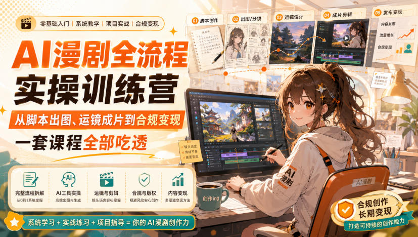 AI漫剧全流程实操训练营,从脚本出图、运镜成片到合规变现,一套课程全部吃透-知行阁轻创网-分享网络赚钱项目-全网首发副业项目实操平台-副业创业项目网