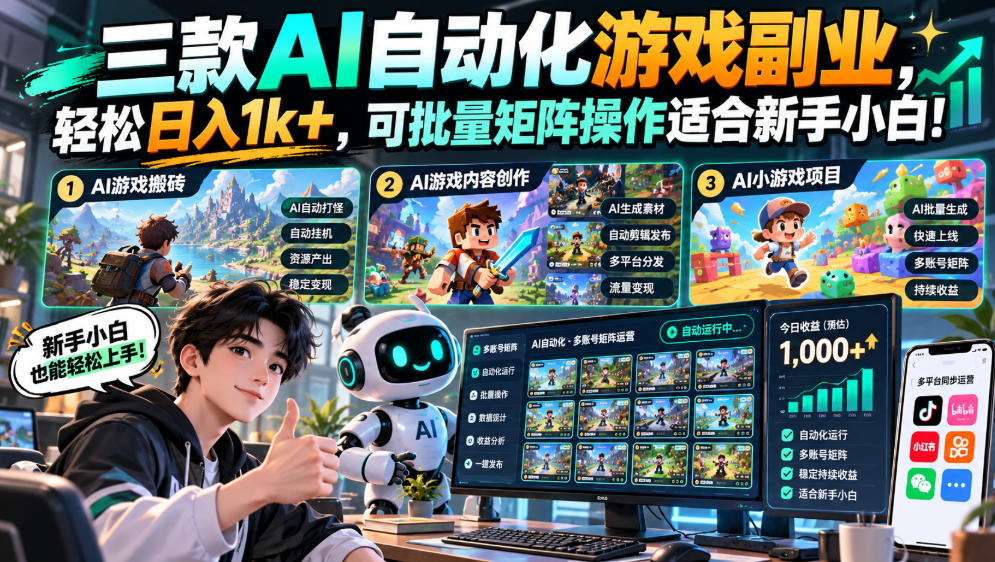 三款AI自动化游戏副业,轻松日入1k+,可批量矩阵操作适合新手小白!【揭秘】 三款AI自动化游戏副业,轻松日入1k+,可批量矩阵操作适合新手小白!【揭秘】