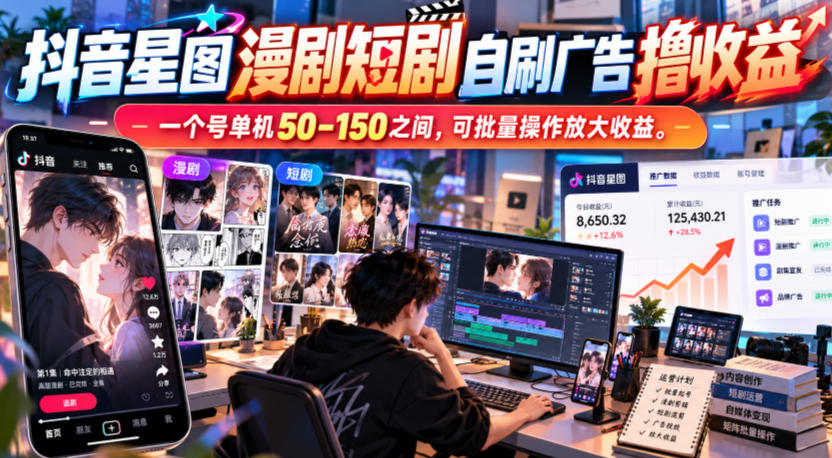 抖音星图漫剧短剧自刷广告撸收益，一个号单机50-150之间，可批量操作放大收益-知行阁轻创网-分享网络赚钱项目-全网首发副业项目实操平台-副业创业项目网