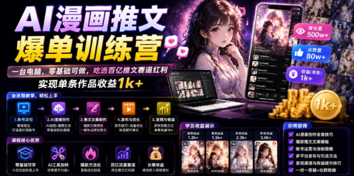 AI漫画推文爆单训练营，一台电脑，零基础可做，吃透百亿推文赛道红利，实现单条作品收益1k+（更新0705）-知行阁轻创网-分享网络赚钱项目-全网首发副业项目实操平台-副业创业项目网