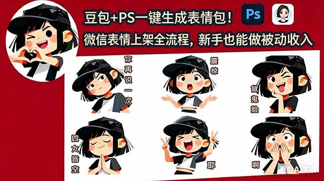 （18402期）豆包+PS一键生成表情包！微信表情上架全流程，新手也能做被动收入-知行阁轻创网-分享网络赚钱项目-全网首发副业项目实操平台-副业创业项目网
