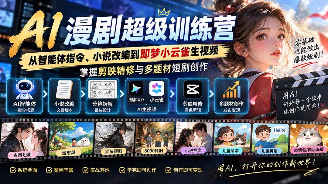 （20491期）AI漫剧超级特训营：从智能体指令、小说改编到即梦小云雀生视频，掌握剪映精修与多题材短剧创作-知行阁轻创网-分享网络赚钱项目-全网首发副业项目实操平台-副业创业项目网