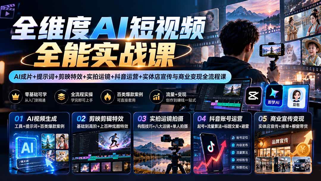 （20768期）【无水印】全维度AI短视频全能实战课：AI成片+提示词+剪映特效+实拍运镜+抖音运营+实体店宣传与商业变现全流程课-知行阁轻创网-分享网络赚钱项目-全网首发副业项目实操平台-副业创业项目网