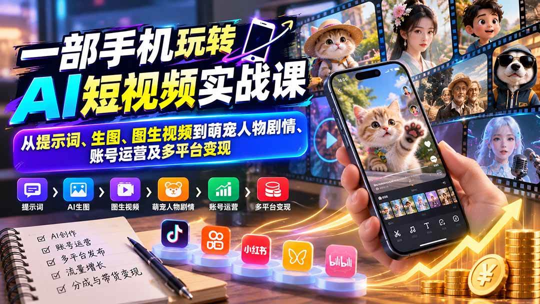 （20663期）一部手机玩转AI短视频实战课：从提示词、生图、图生视频到萌宠人物剧情、账号运营及多平台变现-知行阁轻创网-分享网络赚钱项目-全网首发副业项目实操平台-副业创业项目网