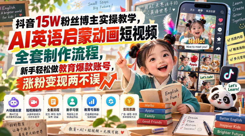 抖音15W粉丝博主实操教学，AI英语启蒙动画短视频全套制作流程，新手轻松做教育爆款账号，涨粉变现两不误-知行阁轻创网-分享网络赚钱项目-全网首发副业项目实操平台-副业创业项目网