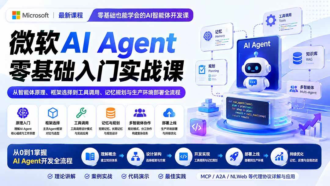 （19977期）微软AI Agent零基础入门实战课：从智能体原理、框架选择到工具调用、记忆规划与生产环境部署全流程-知行阁轻创网-分享网络赚钱项目-全网首发副业项目实操平台-副业创业项目网