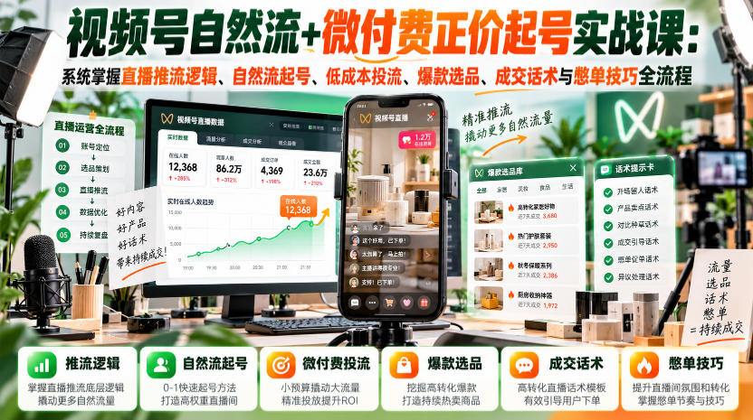 视频号自然流+微付费正价起号实战课：系统掌握直播推流逻辑、自然流起号、低成本投流、爆款选品、成交话术与憋单技巧全流程-知行阁轻创网-分享网络赚钱项目-全网首发副业项目实操平台-副业创业项目网