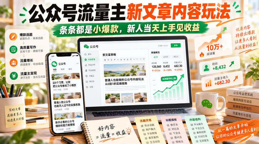 公众号流量主新文章内容玩法，条条都是小爆款，新人当天上手见收益-知行阁轻创网-分享网络赚钱项目-全网首发副业项目实操平台-副业创业项目网