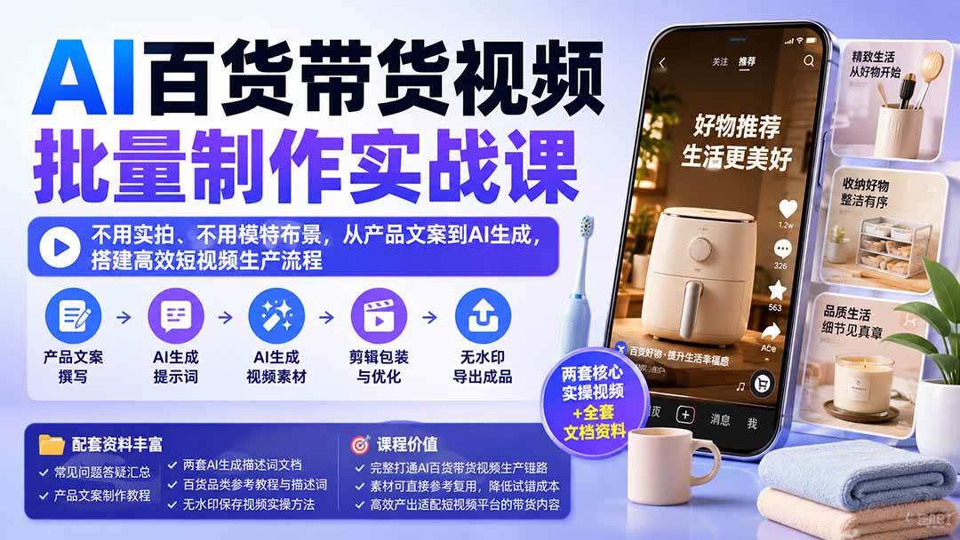 (20179期)AI百货带货视频批量制作实战课:不用实拍、不用模特布景,从产品文案到AI生成,搭建高效短视频生产流程-知行阁轻创网-分享网络赚钱项目-全网首发副业项目实操平台-副业创业项目网