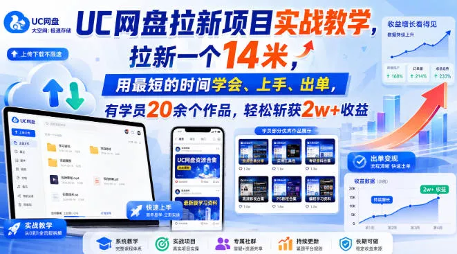 UC网盘拉新项目实战教学，拉新一个14米，用最短的时间学会、上手、出单，有学员20余个作品，轻松斩获2w+收益(更新0916)-知行阁轻创网-分享网络赚钱项目-全网首发副业项目实操平台-副业创业项目网