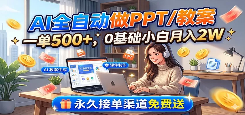 AI全自动做PPT/教案，一单500+，0基础小白月入2W，永久接单渠道免费送-知行阁轻创网-分享网络赚钱项目-全网首发副业项目实操平台-副业创业项目网