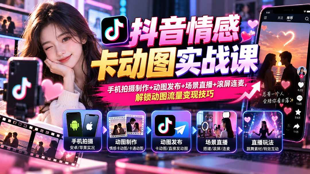 （20815期）抖音情感卡动图实战课：手机拍摄制作+动图发布+场景直播+滚屏连麦，解锁动图流量变现技巧-知行阁轻创网-分享网络赚钱项目-全网首发副业项目实操平台-副业创业项目网
