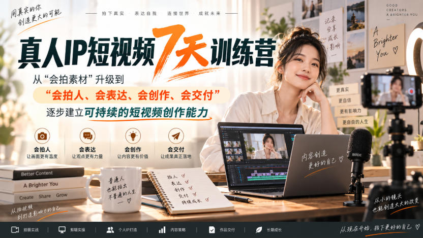 真人IP短视频7天训练营，从“会拍素材”升级到“会拍人、会表达、会创作、会交付”，逐步建立可持续的短视频创作能力-知行阁轻创网-分享网络赚钱项目-全网首发副业项目实操平台-副业创业项目网