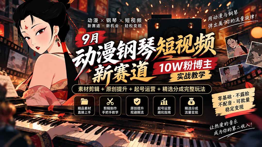 （20506期）9月动漫钢琴短视频新赛道｜10W粉博主实战教学，素材剪辑+原创提升+起号运营+精选分成完整玩法-知行阁轻创网-分享网络赚钱项目-全网首发副业项目实操平台-副业创业项目网