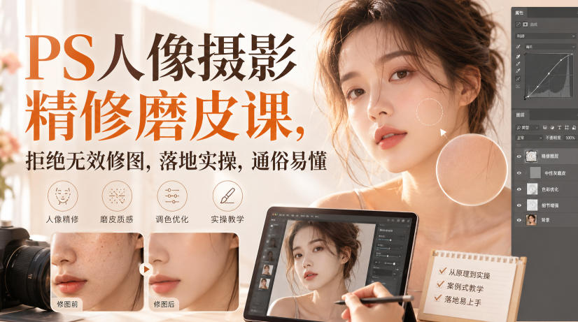 PS人像摄影精修磨皮课，拒绝无效修图，落地实操，通俗易懂-知行阁轻创网-分享网络赚钱项目-全网首发副业项目实操平台-副业创业项目网