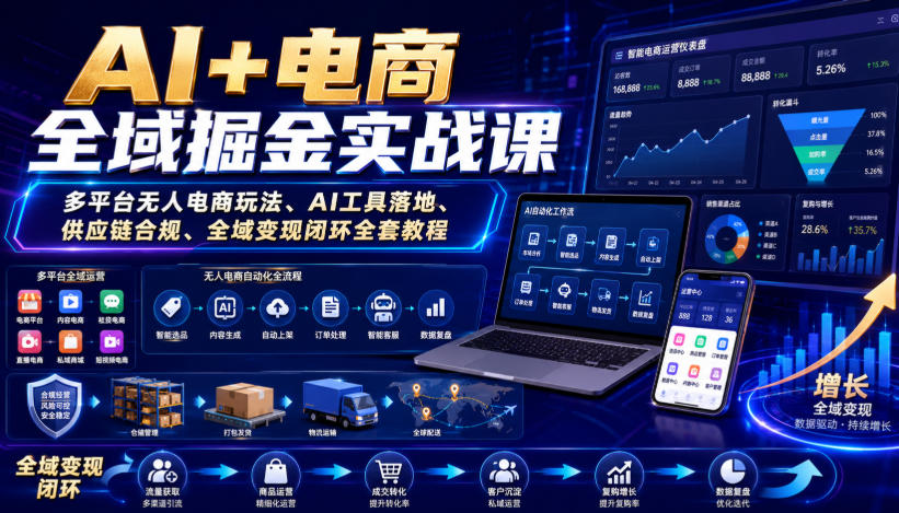 AI+电商全域掘金实战课|多平台无人电商玩法、AI工具落地、供应链合规、全域变现闭环全套教程-知行阁轻创网-分享网络赚钱项目-全网首发副业项目实操平台-副业创业项目网