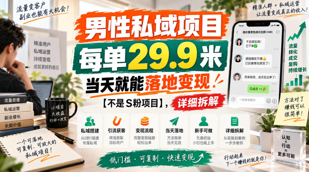 男性私域项目，每单29.9米，当天就能落地变现【不是S粉项目】，详细拆解-知行阁轻创网-分享网络赚钱项目-全网首发副业项目实操平台-副业创业项目网