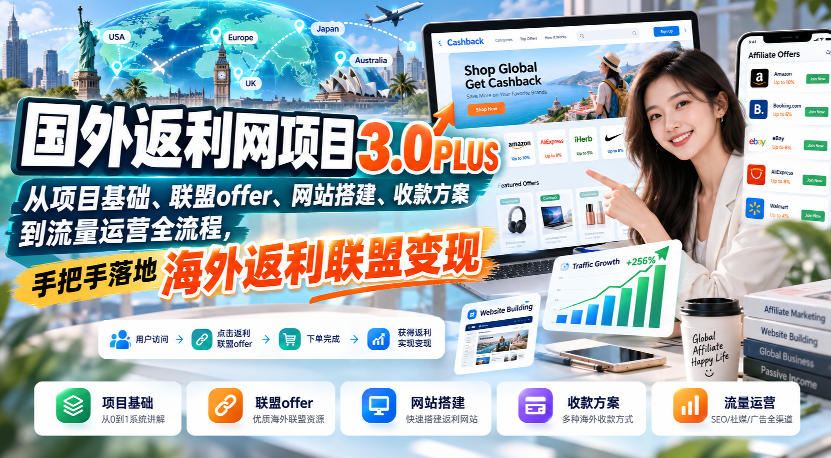国外返利网项目3.0PLUS，从项目基础、联盟offer、网站搭建、收款方案到流量运营全流程，手把手落地海外返利联盟变现-知行阁轻创网-分享网络赚钱项目-全网首发副业项目实操平台-副业创业项目网