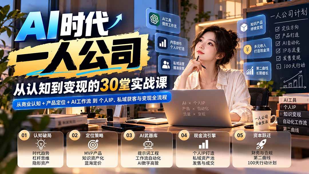 （20847期）【无水印】AI时代一人公司30堂实战课：从商业认知+产品定位+AI工作流到个人IP、私域获客与变现全流程-知行阁轻创网-分享网络赚钱项目-全网首发副业项目实操平台-副业创业项目网