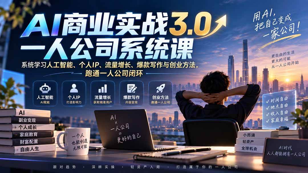 （20249期）AI商业实战3.0一人公司系统课：系统学习人工智能、个人IP、流量增长、爆款写作与创业方法，跑通一人公司闭环-知行阁轻创网-分享网络赚钱项目-全网首发副业项目实操平台-副业创业项目网
