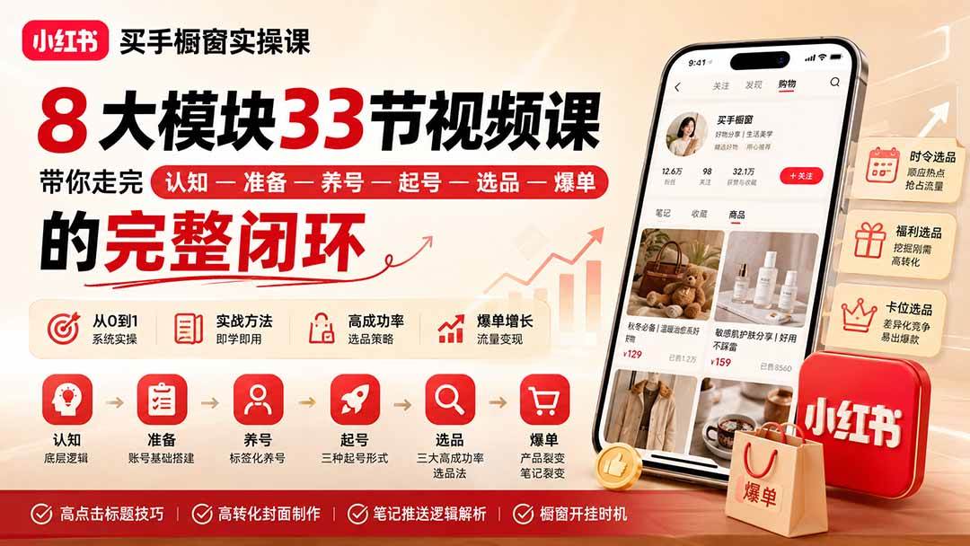 （20317期）小红书买手橱窗实操课：8大模块33节视频课，带你走完”认知—准备—养号—起号—选品—爆单”的完整闭环-知行阁轻创网-分享网络赚钱项目-全网首发副业项目实操平台-副业创业项目网
