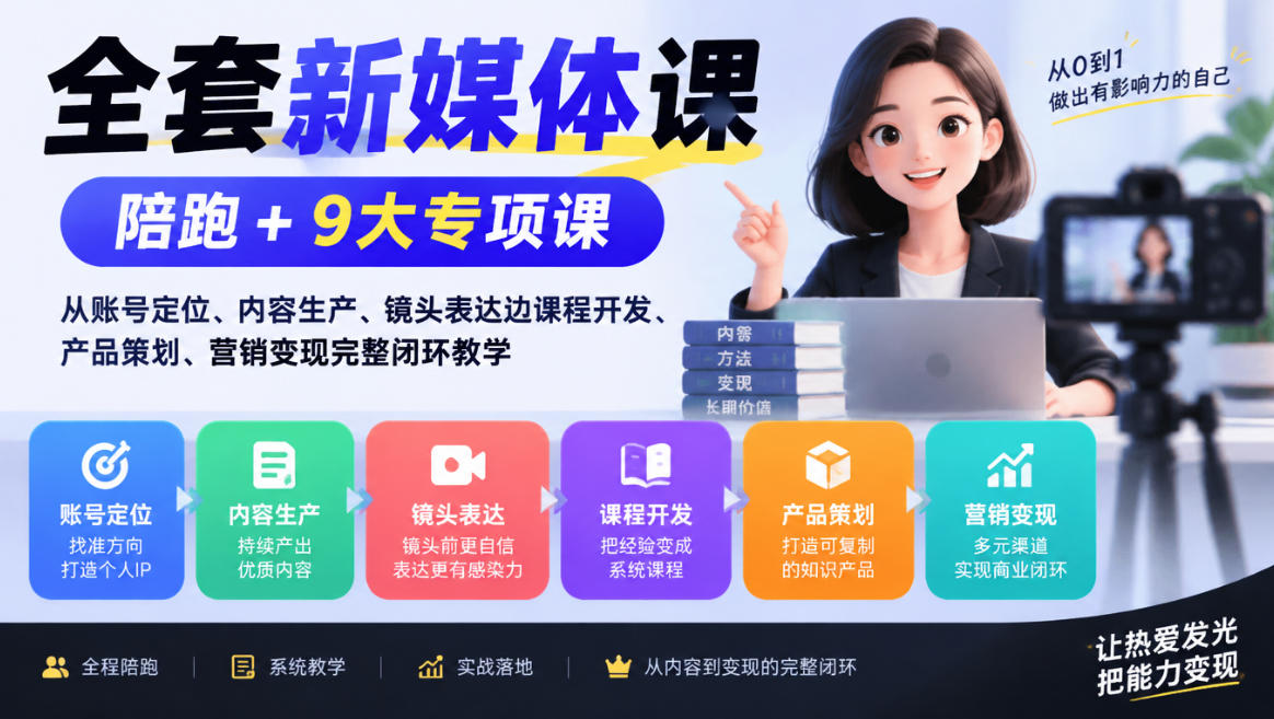 全套新媒体课|陪跑+9大专项课,从账号定位、内容生产、镜头表达到课程开发、产品策划、营销变现完整闭环教学-知行阁轻创网-分享网络赚钱项目-全网首发副业项目实操平台-副业创业项目网