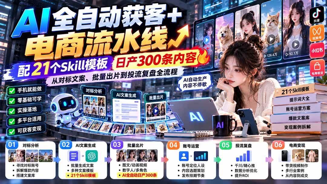 （20664期）AI全自动获客+电商流水线：配21个Skill模板，日产300条内容，从对标文案、批量出片到投流复盘全流程-知行阁轻创网-分享网络赚钱项目-全网首发副业项目实操平台-副业创业项目网