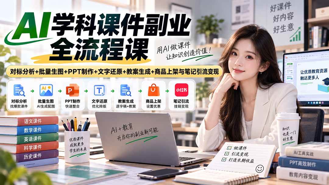 （20469期）AI学科课件副业全流程课｜对标分析+批量生图+PPT制作+文字还原+教案生成+商品上架与笔记引流变现-知行阁轻创网-分享网络赚钱项目-全网首发副业项目实操平台-副业创业项目网