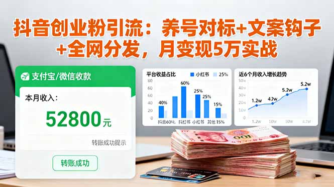 抖音创业粉引流：养号对标+文案钩子+全网分发，月变现5万实战-知行阁轻创网-分享网络赚钱项目-全网首发副业项目实操平台-副业创业项目网