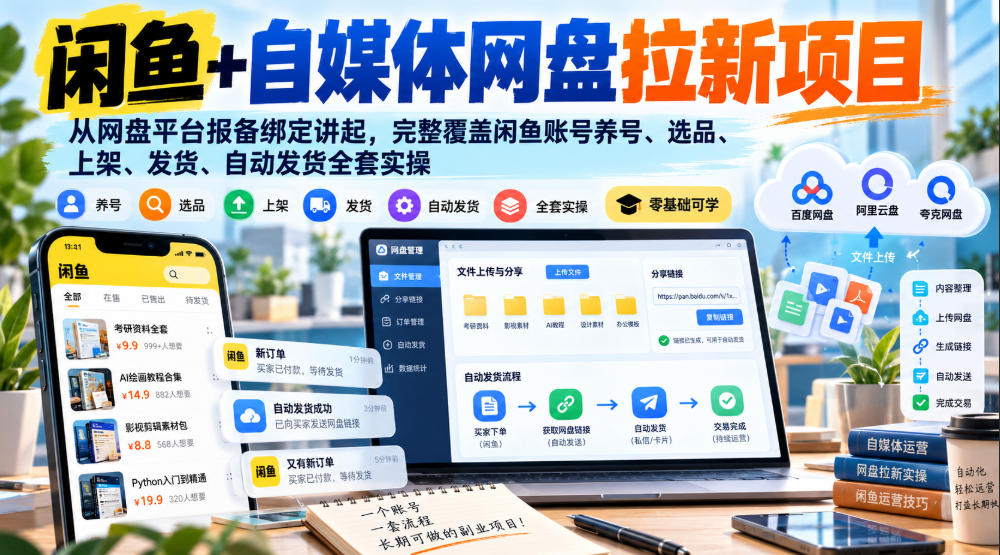 闲鱼+自媒体网盘拉新项目，从网盘平台报备绑定讲起，完整覆盖闲鱼账号养号、选品、上架、发货、自动发货全套实操-知行阁轻创网-分享网络赚钱项目-全网首发副业项目实操平台-副业创业项目网
