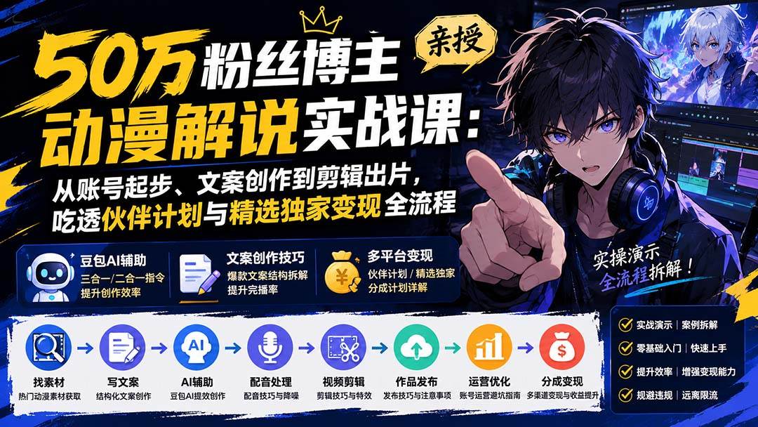 （20144期）50万粉丝博主亲授动漫解说实战课：从账号起步、文案创作到剪辑出片，吃透伙伴计划与精选独家变现全流程-知行阁轻创网-分享网络赚钱项目-全网首发副业项目实操平台-副业创业项目网