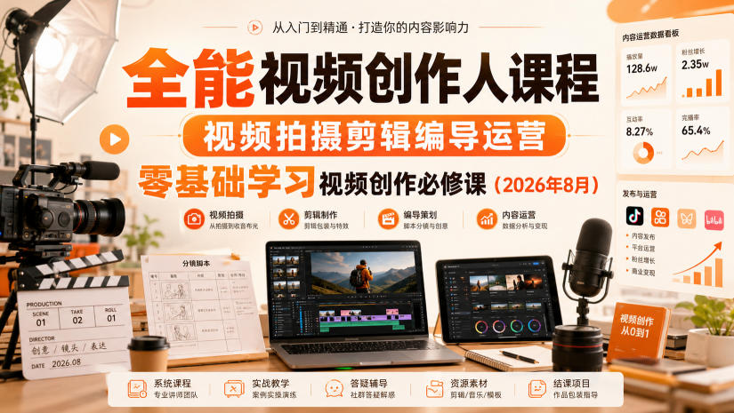 全能视频创作人课程，视频拍摄剪辑编导运营，零基础学习视频创作必修课（2026年8月）-知行阁轻创网-分享网络赚钱项目-全网首发副业项目实操平台-副业创业项目网