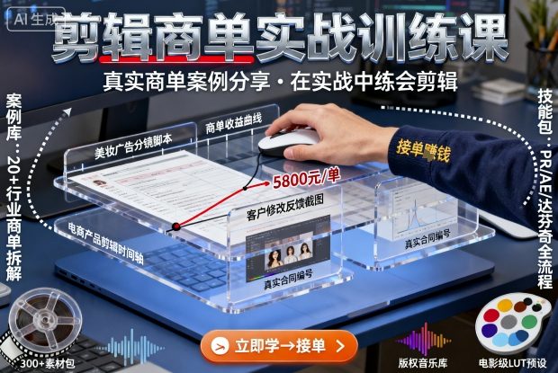 剪辑商单实战训练课，真实商单案例分享，在实战中练会剪辑-知行阁轻创网-分享网络赚钱项目-全网首发副业项目实操平台-副业创业项目网